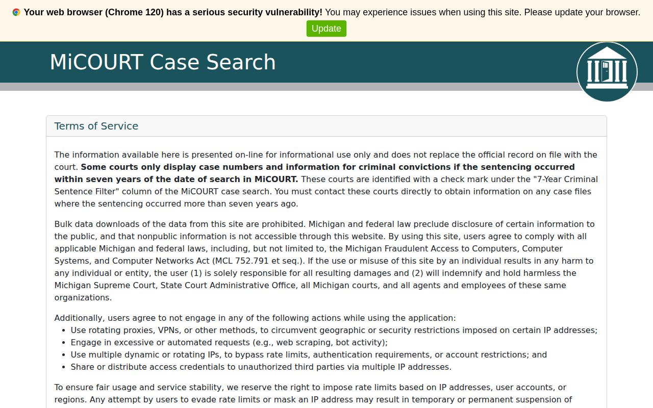 MiCOURT case selection for Gladwin County released inmate records