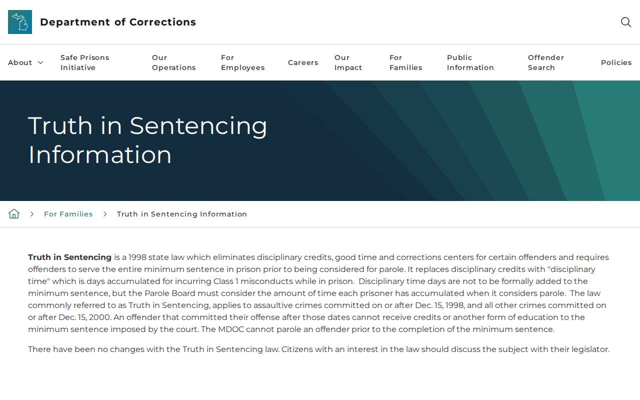 Michigan Department of Corrections truth in sentencing full minimum explanation