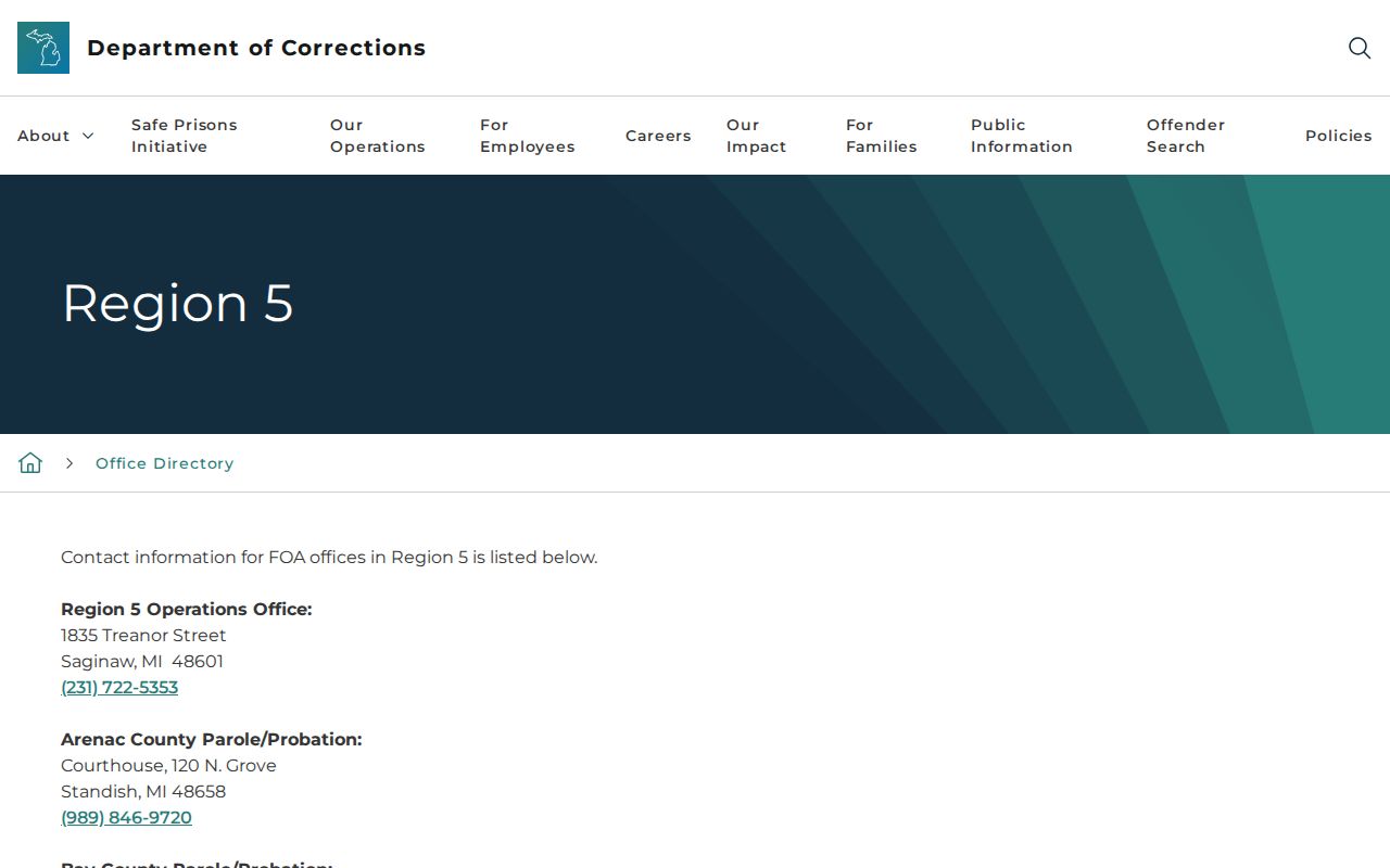 Gladwin County probation and parole office listing in Michigan Region 5
